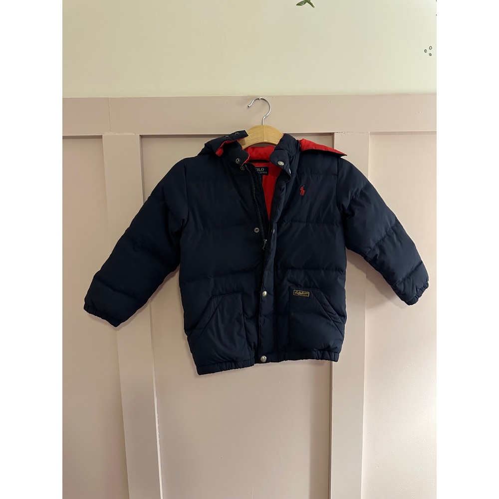Polo Ralph Lauren Kids Navy Blue Down Puffer Jacket Detachable Hood Size 7